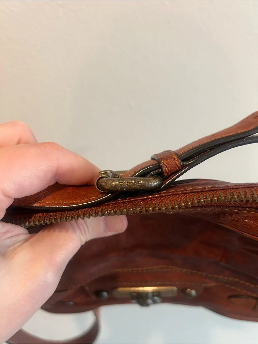 Frye Tan Leather Messenger Bag with Brass Hardware